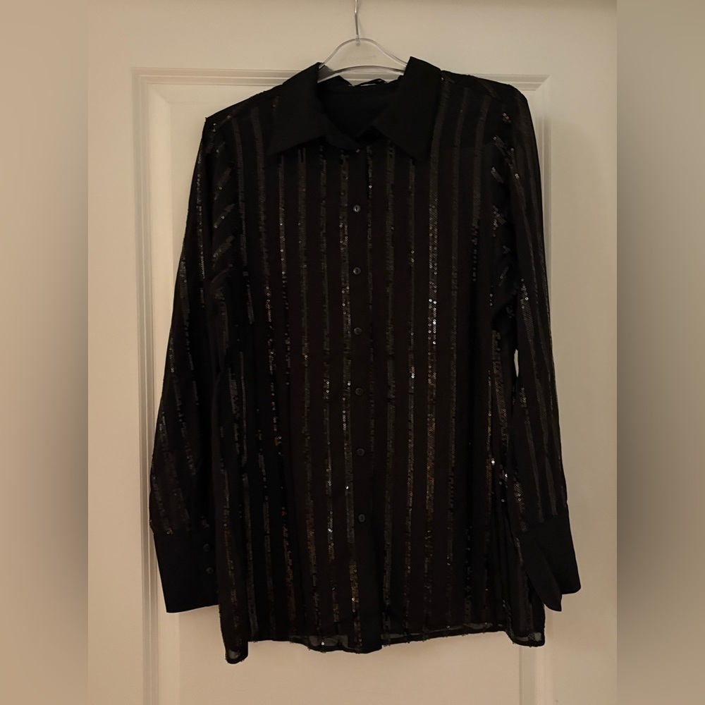 Suzy Shier Black Sheer Sequin Button-Down Dress – Size Small - Picture 10 of 10